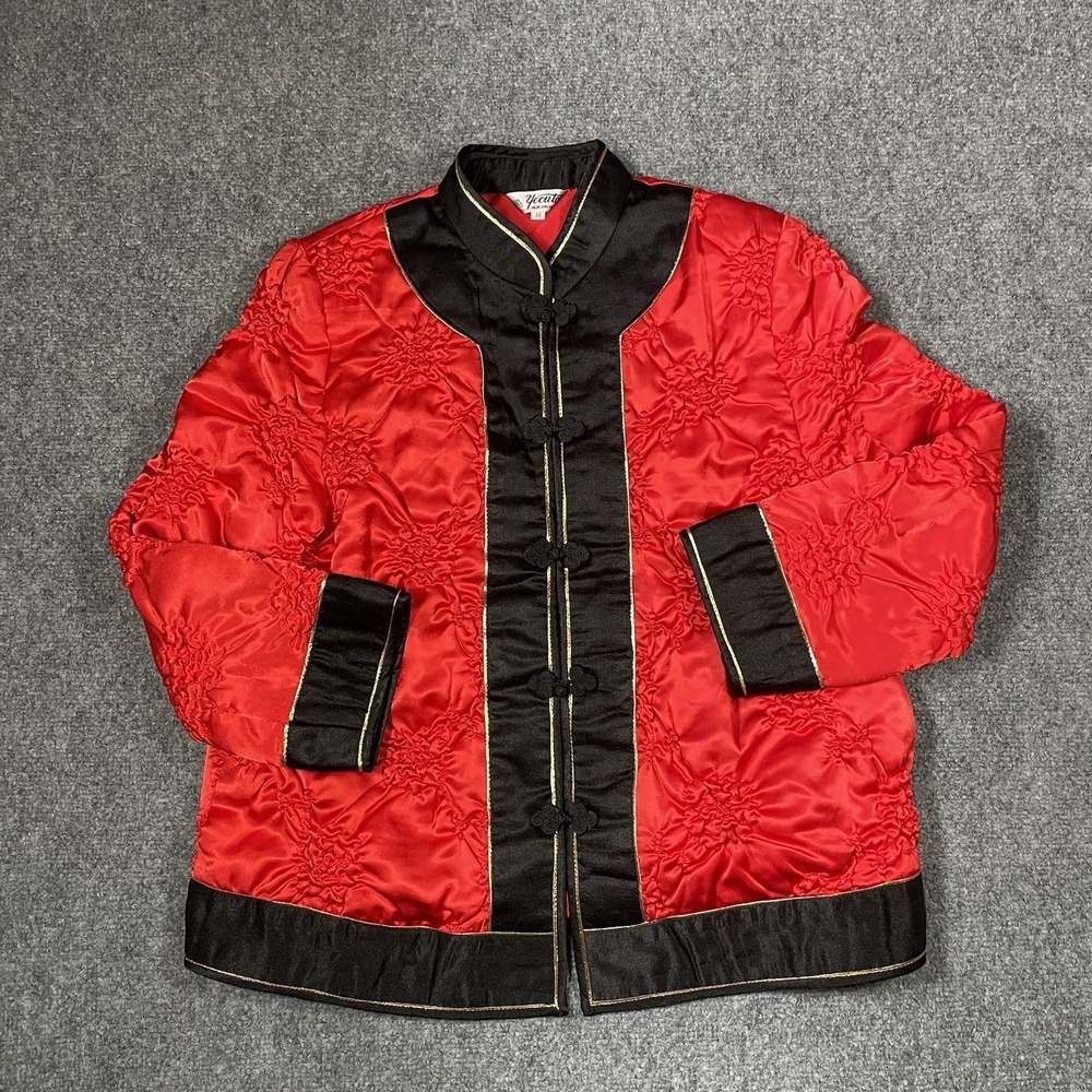 Quilted Tang Jacket Women Size Medium Red Black Frog Closure Mandarin Collar